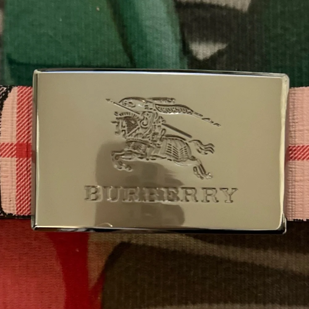 Burberry Pink Plaid Canvas Belt with Silver Buckle